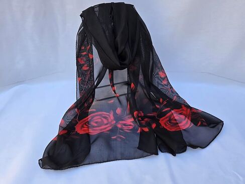 Red Roses on Black Lightweight Sheer Chiffon Fashion Wrap Scarf, 58 x 19 in Good Things To Come! in Saudi Arabia