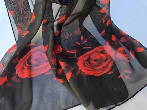 Red Roses on Black Lightweight Sheer Chiffon Fashion Wrap Scarf, 58 x 19 in Good Things To Come! in Saudi Arabia