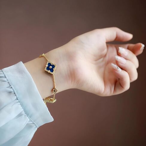 Bracelets for Women, 18K Gold Plated Four Leaf Clover Bracelet, Double-Sided Lucky Bracelets, Cute Flower Adjustable Link Chain Bracelets, Trendy Jewelry Gifts in Saudi Arabia