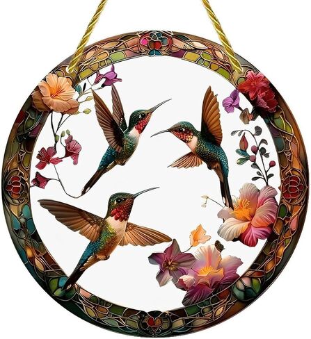 Colorful Acrylic Suncatcher, Hummingbirds Flying Around Flowers 7-inch Hanging Window Wall Art Decor with Printed Stained Glass Style Design, Gift Idea & Garden Ornament Indoor Outdoor Use in Saudi Arabia
