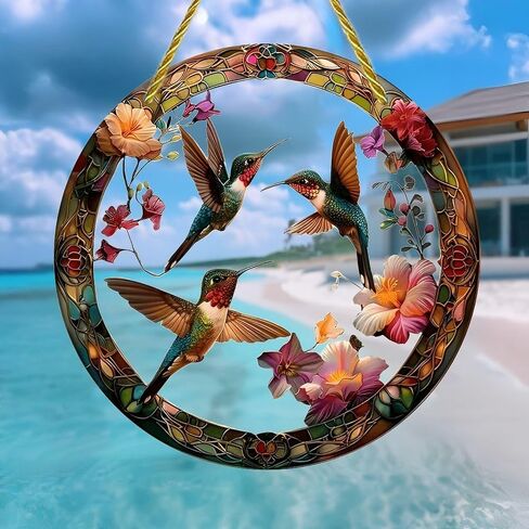 Colorful Acrylic Suncatcher, Hummingbirds Flying Around Flowers 7-inch Hanging Window Wall Art Decor with Printed Stained Glass Style Design, Gift Idea & Garden Ornament Indoor Outdoor Use in Saudi Arabia