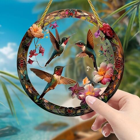 Colorful Acrylic Suncatcher, Hummingbirds Flying Around Flowers 7-inch Hanging Window Wall Art Decor with Printed Stained Glass Style Design, Gift Idea & Garden Ornament Indoor Outdoor Use in Saudi Arabia