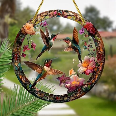 Colorful Acrylic Suncatcher, Hummingbirds Flying Around Flowers 7-inch Hanging Window Wall Art Decor with Printed Stained Glass Style Design, Gift Idea & Garden Ornament Indoor Outdoor Use in Saudi Arabia