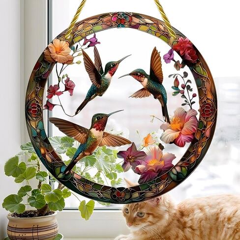 Colorful Acrylic Suncatcher, Hummingbirds Flying Around Flowers 7-inch Hanging Window Wall Art Decor with Printed Stained Glass Style Design, Gift Idea & Garden Ornament Indoor Outdoor Use in Saudi Arabia