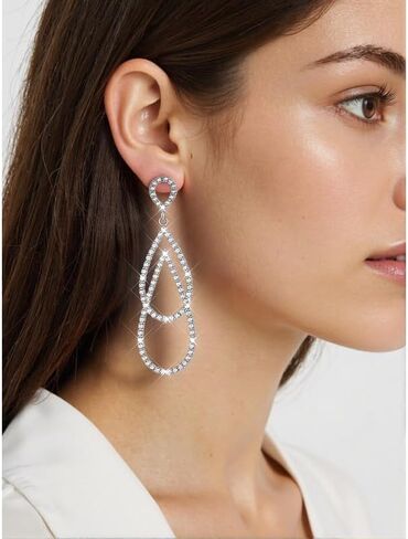 Long Silver Rhinestone Drop Dangle Earrings for Women Dangling Statement Sparkly CZ Bling Crystal Sparkle Chandelier Formal Prom Earring Fashion Jewelry in Saudi Arabia