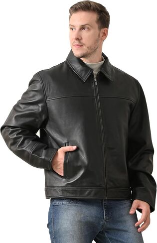 Classic Men's Genuine Leather Jacket, Front Zipper, Side Pockets, Black in Saudi Arabia
