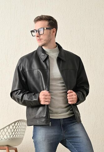 Classic Men's Genuine Leather Jacket, Front Zipper, Side Pockets, Black in Saudi Arabia