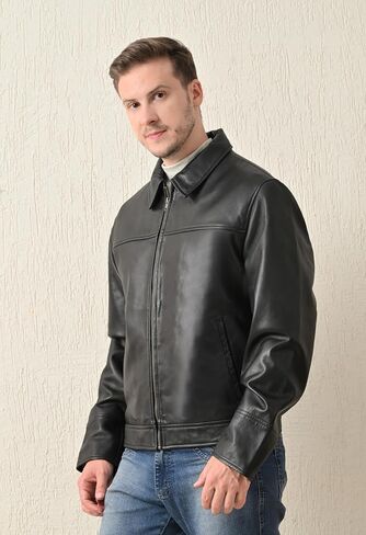 Classic Men's Genuine Leather Jacket, Front Zipper, Side Pockets, Black in Saudi Arabia