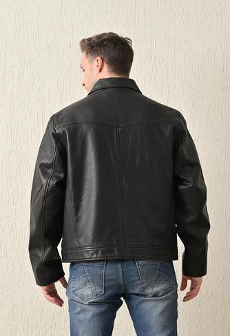 Classic Men's Genuine Leather Jacket, Front Zipper, Side Pockets, Black in Saudi Arabia