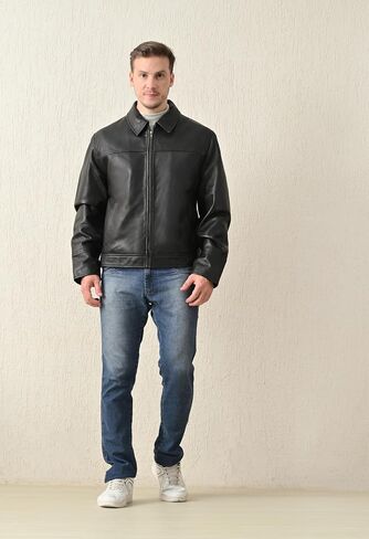 Classic Men's Genuine Leather Jacket, Front Zipper, Side Pockets, Black in Saudi Arabia