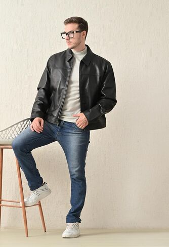 Classic Men's Genuine Leather Jacket, Front Zipper, Side Pockets, Black in Saudi Arabia