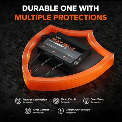 LiTime 3-Bank 10A (10A/Bank) Smart Battery Charger, 14.6V LiFePO4 Battery Charger AC-DC Charger with Fuse, LED Indicator for RV, Boat, Motorcycle, Lawn Mower, Trolling Motor and Lead Acid Battery in Kuwait