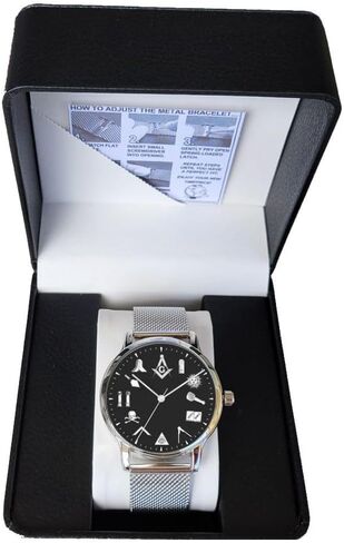 The Classic Masonic Emblem Black Dial Watch Has Adjustable Stainless Steel Mesh Band in Saudi Arabia