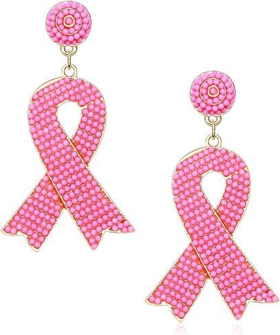 Pink Ribbon Breast Cancer Awareness Earrings - Cute Beaded Hypoallergenic Handmade Drop Dangle Earrings - Hope Support Gift for Women Girls in Kuwait