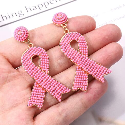 Pink Ribbon Breast Cancer Awareness Earrings - Cute Beaded Hypoallergenic Handmade Drop Dangle Earrings - Hope Support Gift for Women Girls in Kuwait