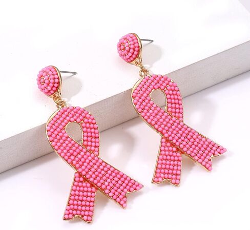 Pink Ribbon Breast Cancer Awareness Earrings - Cute Beaded Hypoallergenic Handmade Drop Dangle Earrings - Hope Support Gift for Women Girls in Kuwait