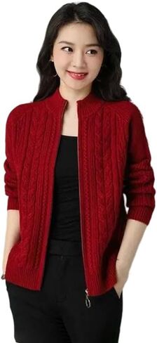 Middle High Collar Zipper Knitted Cardigan Sweater Women Long Sleeve Cardigans Thicken Sweater Coat in Saudi Arabia