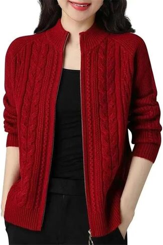 Middle High Collar Zipper Knitted Cardigan Sweater Women Long Sleeve Cardigans Thicken Sweater Coat in Saudi Arabia