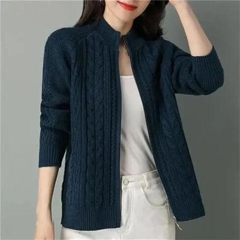 Middle High Collar Zipper Knitted Cardigan Sweater Women Long Sleeve Cardigans Thicken Sweater Coat in Saudi Arabia