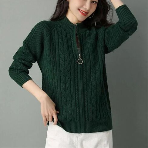 Middle High Collar Zipper Knitted Cardigan Sweater Women Long Sleeve Cardigans Thicken Sweater Coat in Saudi Arabia