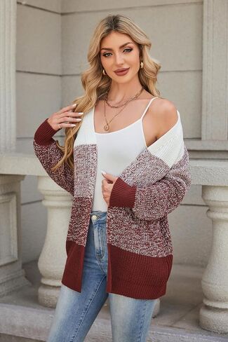 Women's Color Block Cardigan Sweater Oversized Knit Cardigans Sweaters Long Sleeve Open Front Fall Outfits in Kuwait