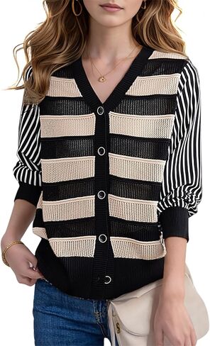 LAI MENG FIVE CATS Women's V-Neck Striped Cardigan Sweaters Long Sleeve Button Down Fashion Casual Tops in Kuwait