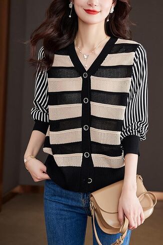 LAI MENG FIVE CATS Women's V-Neck Striped Cardigan Sweaters Long Sleeve Button Down Fashion Casual Tops in Kuwait