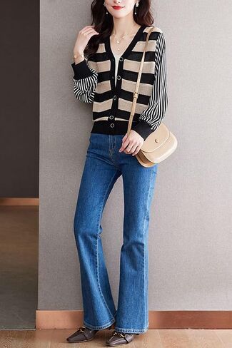 LAI MENG FIVE CATS Women's V-Neck Striped Cardigan Sweaters Long Sleeve Button Down Fashion Casual Tops in Kuwait