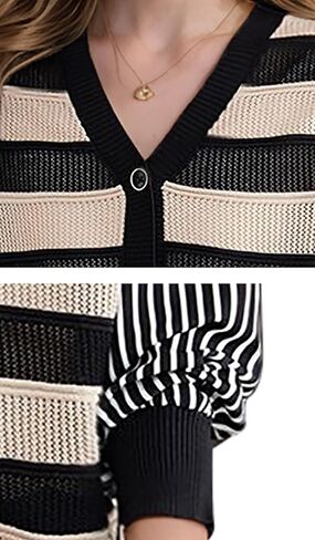 LAI MENG FIVE CATS Women's V-Neck Striped Cardigan Sweaters Long Sleeve Button Down Fashion Casual Tops in Kuwait