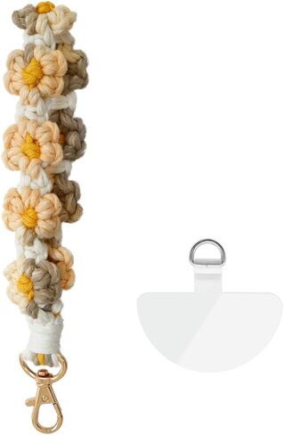 Macrame Handmade Wristlet Keychain with Key Ring Cute Flower Lanyards Boho Rope Phone Lanyard + Phone Tether Tab in Kuwait