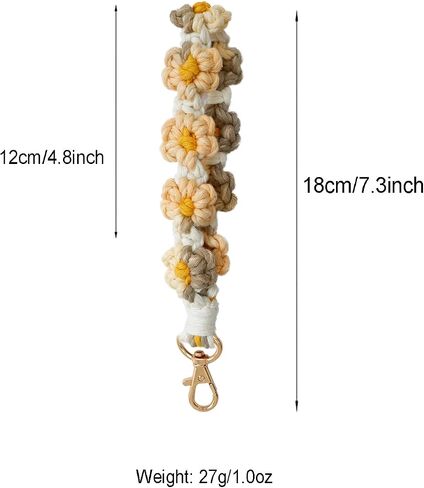 Macrame Handmade Wristlet Keychain with Key Ring Cute Flower Lanyards Boho Rope Phone Lanyard + Phone Tether Tab in Kuwait