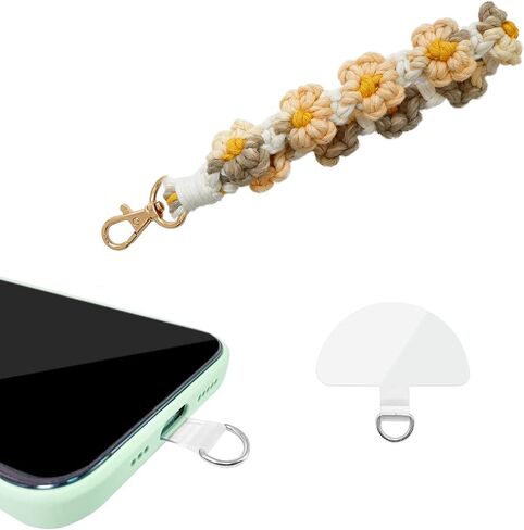 Macrame Handmade Wristlet Keychain with Key Ring Cute Flower Lanyards Boho Rope Phone Lanyard + Phone Tether Tab in Kuwait