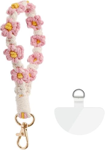 Macrame Handmade Wristlet Keychain with Key Ring Cute Flower Lanyards Boho Rope Phone Lanyard + Phone Tether Tab in Kuwait