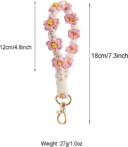 Macrame Handmade Wristlet Keychain with Key Ring Cute Flower Lanyards Boho Rope Phone Lanyard + Phone Tether Tab in Kuwait