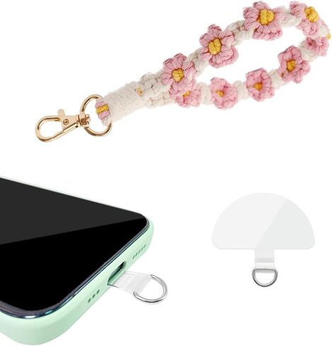 Macrame Handmade Wristlet Keychain with Key Ring Cute Flower Lanyards Boho Rope Phone Lanyard + Phone Tether Tab in Kuwait