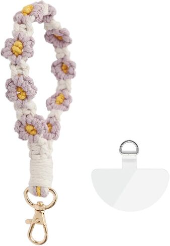 Macrame Handmade Wristlet Keychain with Key Ring Cute Flower Lanyards Boho Rope Phone Lanyard + Phone Tether Tab in Kuwait