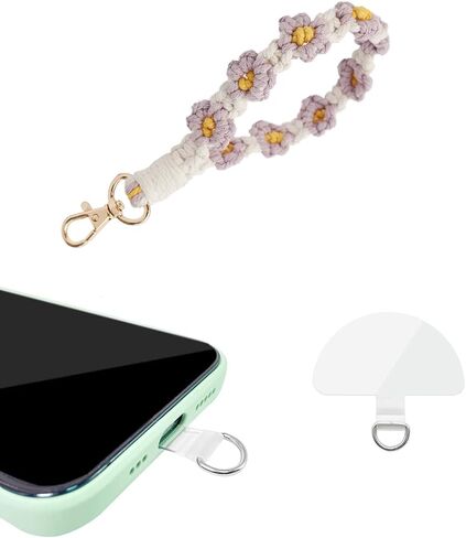 Macrame Handmade Wristlet Keychain with Key Ring Cute Flower Lanyards Boho Rope Phone Lanyard + Phone Tether Tab in Kuwait