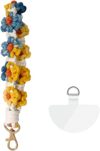 Macrame Handmade Wristlet Keychain with Key Ring Cute Flower Lanyards Boho Rope Phone Lanyard + Phone Tether Tab in Kuwait