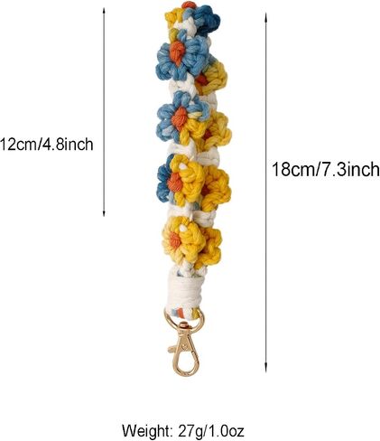 Macrame Handmade Wristlet Keychain with Key Ring Cute Flower Lanyards Boho Rope Phone Lanyard + Phone Tether Tab in Kuwait