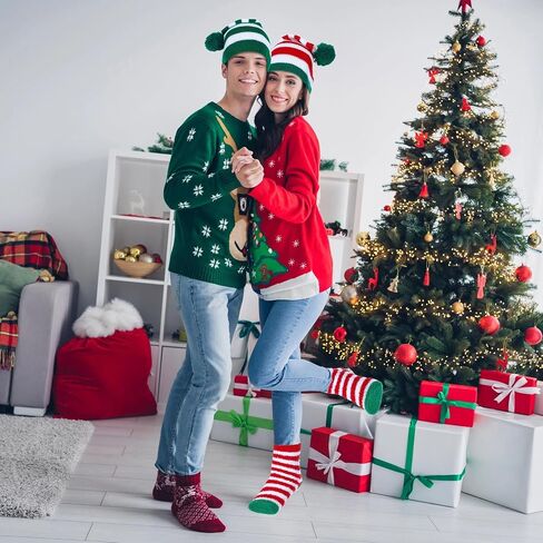 Suhine 6 Pcs Christmas Hats and Socks Christmas Knitted Santa Hats Christmas Fuzzy Socks for Adult Christmas Party Gift in Kuwait