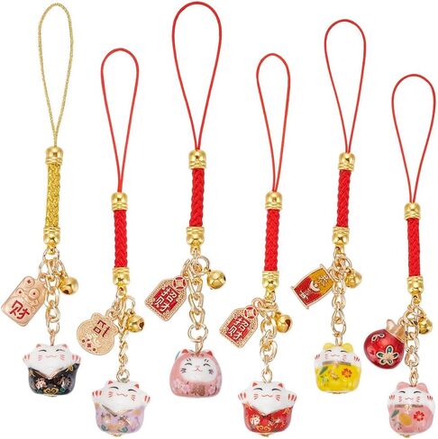 WEBEEDY 6 أنماط سلسلة مفاتيح Lucky Cat قلادة يابانية Maneki Neko Cat سحر الهاتف الخليوي قلادة مفتاح الثروة مع أجراس وعلامات معدنية دلايات محظوظة جيدة سحر لديكور سلسلة مفاتيح حقيبة يد الهاتف، 12 سم / 4.7 بوصة in Saudi Arabia