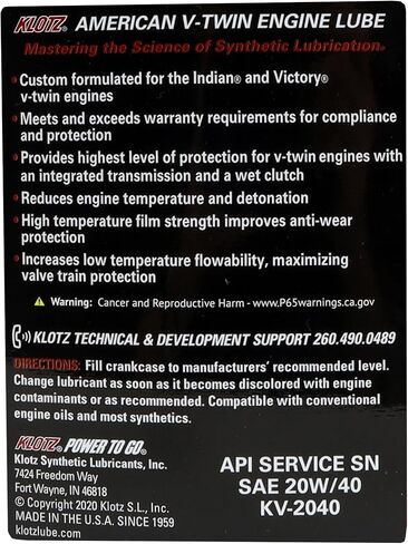 طقم تغيير الزيت الصناعي Klotz 6 Quart 20W-40 للدراجات النارية Indian™ Thunderstroke in Kuwait
