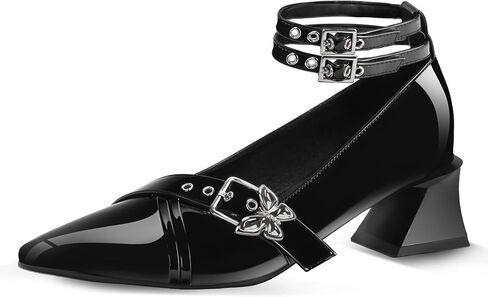 حذاء نسائي بكعب ماري جين مكتنز منخفض مع شريط للكاحل وفيونكة قوطية حذاء بمقدمة مدببة من الجلد اللامع in Kuwait