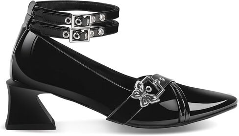 حذاء نسائي بكعب ماري جين مكتنز منخفض مع شريط للكاحل وفيونكة قوطية حذاء بمقدمة مدببة من الجلد اللامع in Kuwait