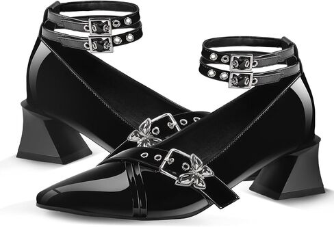 حذاء نسائي بكعب ماري جين مكتنز منخفض مع شريط للكاحل وفيونكة قوطية حذاء بمقدمة مدببة من الجلد اللامع in Kuwait