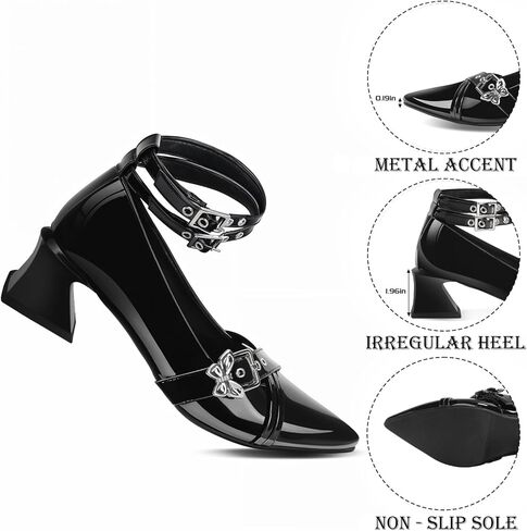 حذاء نسائي بكعب ماري جين مكتنز منخفض مع شريط للكاحل وفيونكة قوطية حذاء بمقدمة مدببة من الجلد اللامع in Kuwait