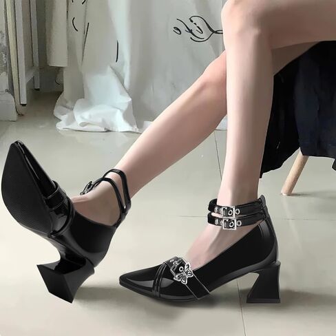 حذاء نسائي بكعب ماري جين مكتنز منخفض مع شريط للكاحل وفيونكة قوطية حذاء بمقدمة مدببة من الجلد اللامع in Kuwait