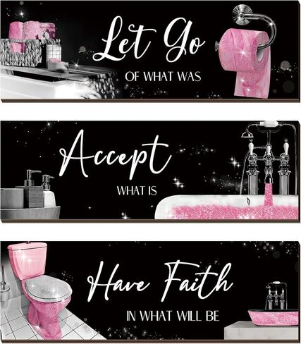 Honoson 3 Pcs Pink Bathroom Decor Wall Art Bathroom Pictures Decor Accept Let Go Have Faith Wood Wall Hanging Sign for Home Spa Laundry 11. 8 x 3. 9 x 0. 2 Inches in Saudi Arabia