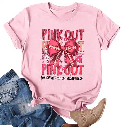 Pink Out لكرة القدم قميص المرأة سرطان الثدي قمصان لعبة يوم بلايز السرطان الناجين هدية المحملة القمم in Kuwait