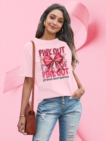 Pink Out لكرة القدم قميص المرأة سرطان الثدي قمصان لعبة يوم بلايز السرطان الناجين هدية المحملة القمم in Kuwait